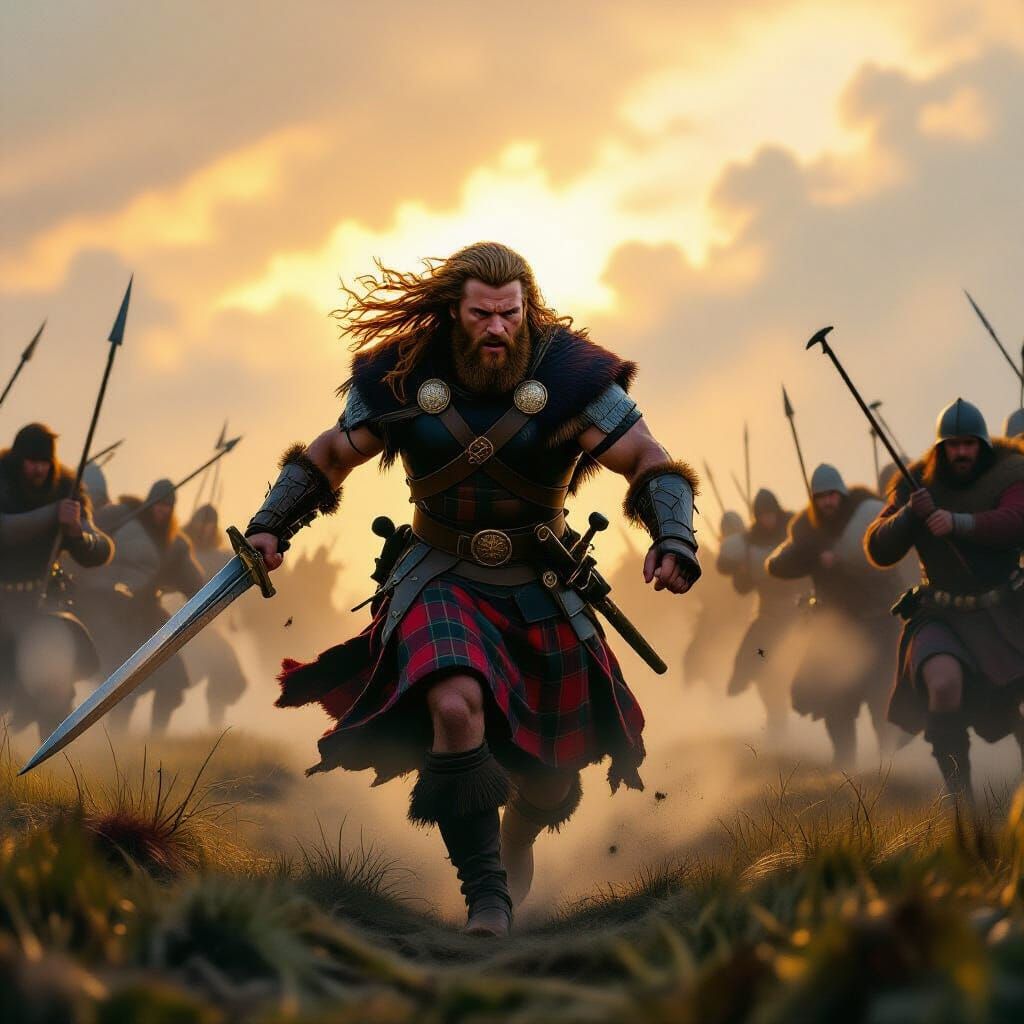 Braveheart Scottish Warrior Leads Charge in Epic Oil Paintin...