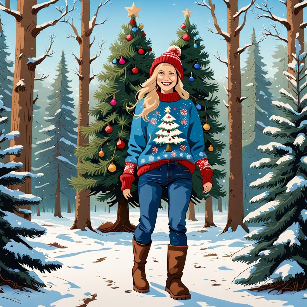 Woman in Christmas Sweater in Pop Art Style