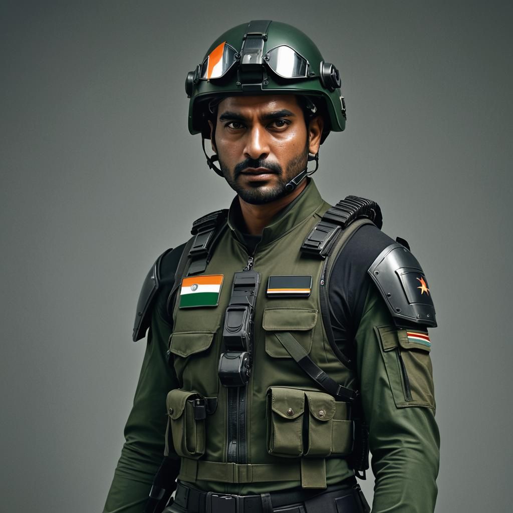 Portrait of an Indian soldier with an Indian flag shoulder p...
