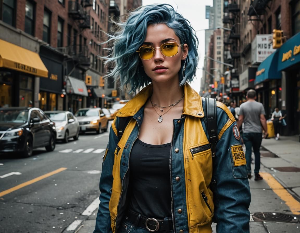 Blue haired girl walking in New York Street