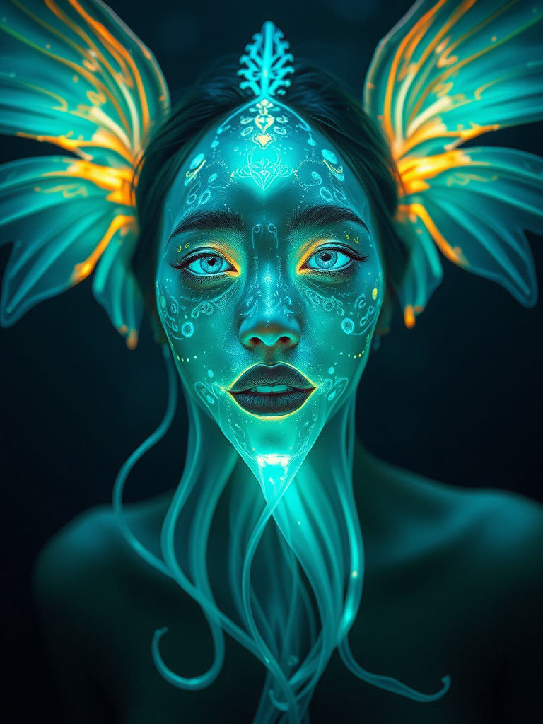 Bioluminescent Angel Fish Visage in Dreamlike Sea