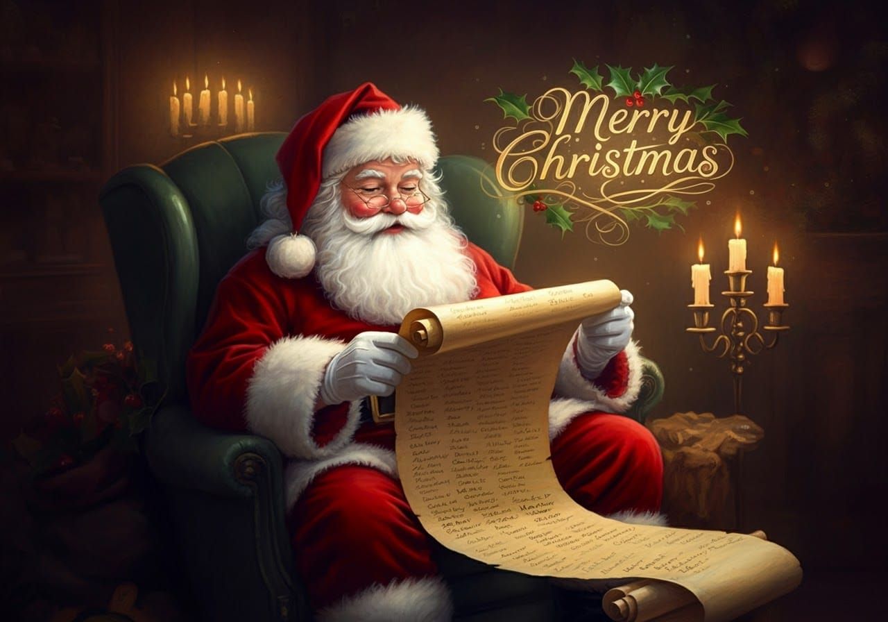 Santa Claus Reading Christmas Scroll in Americana Style