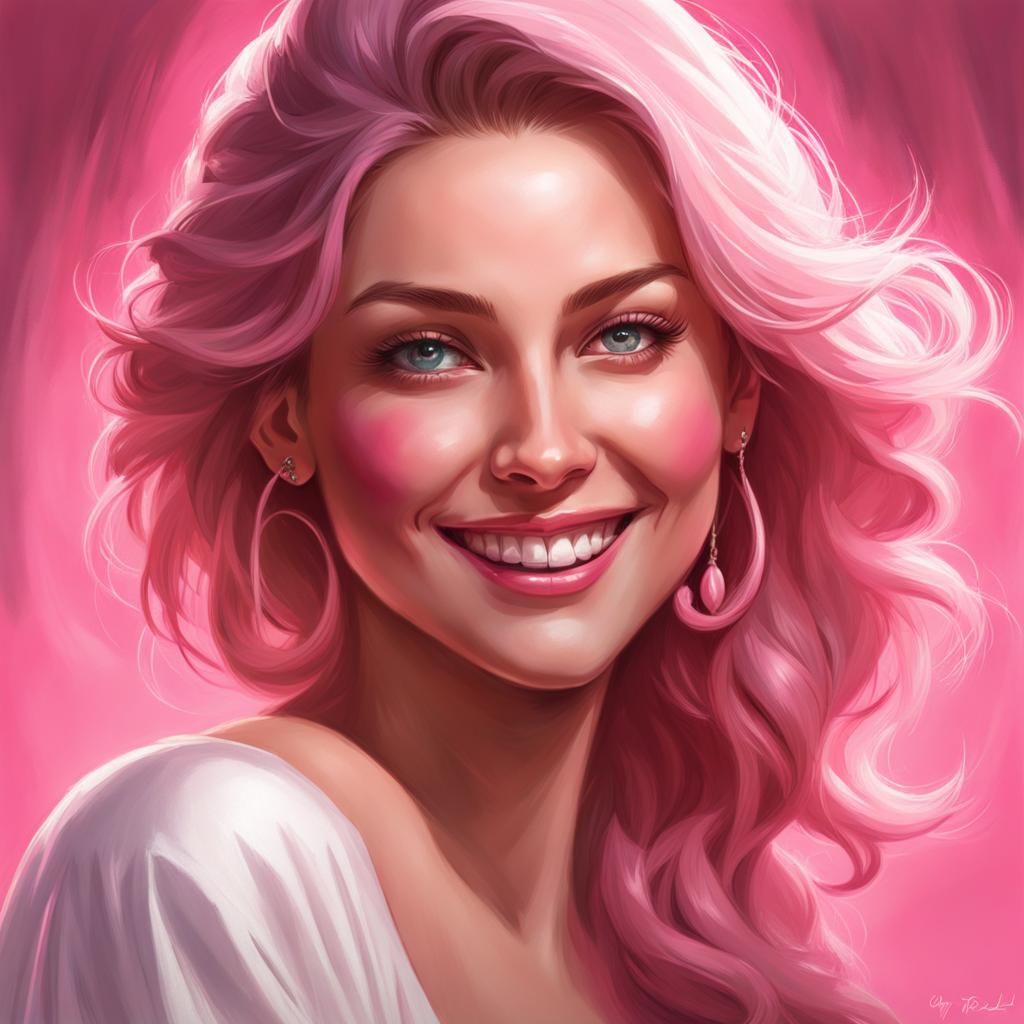 Smiling Pink and White Portrait in Dry Pastel