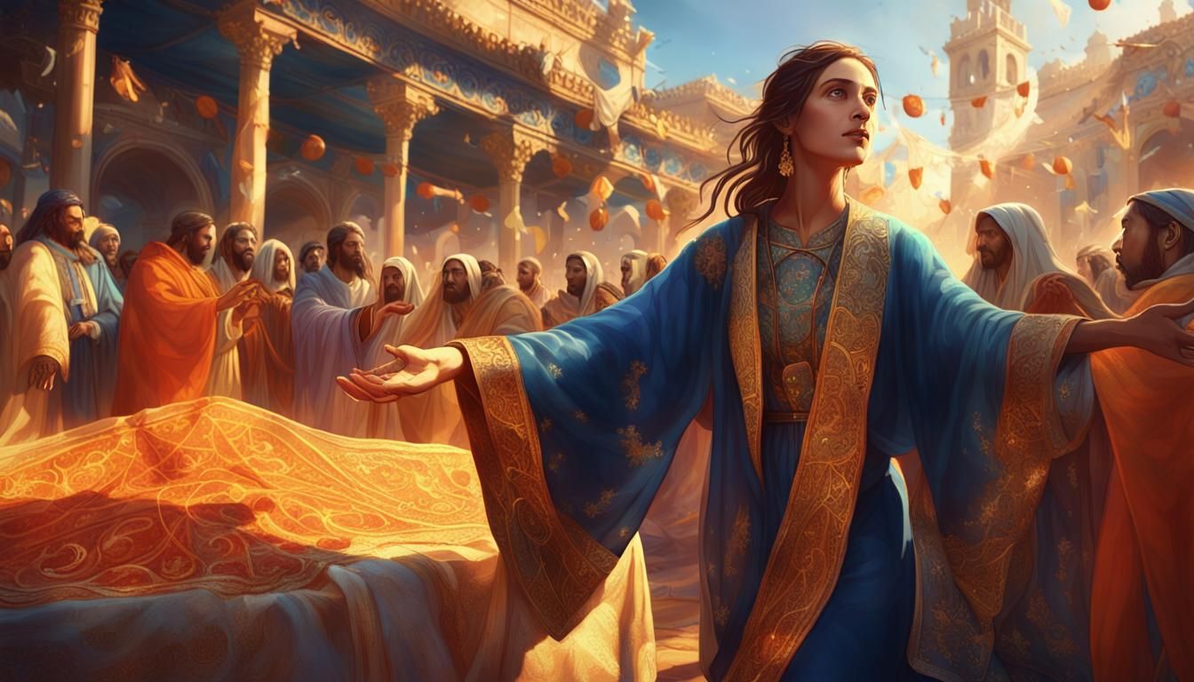 Woman Reaches for Jesus' Garment in a Bustling Market Square