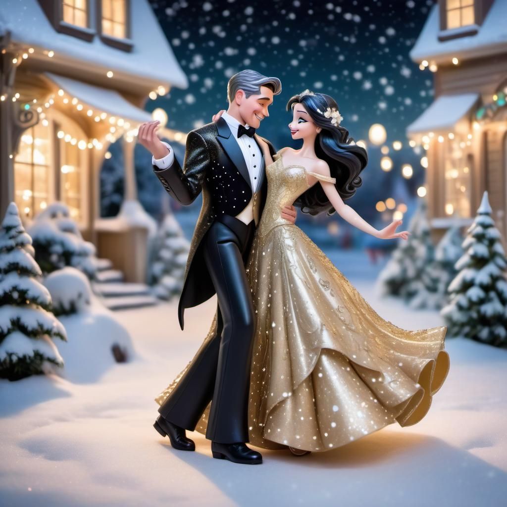 full body image of a Disney Pixar style 3D beautiful couple, the woman wearing glittery sparkly gold detailed ballgown, ...
