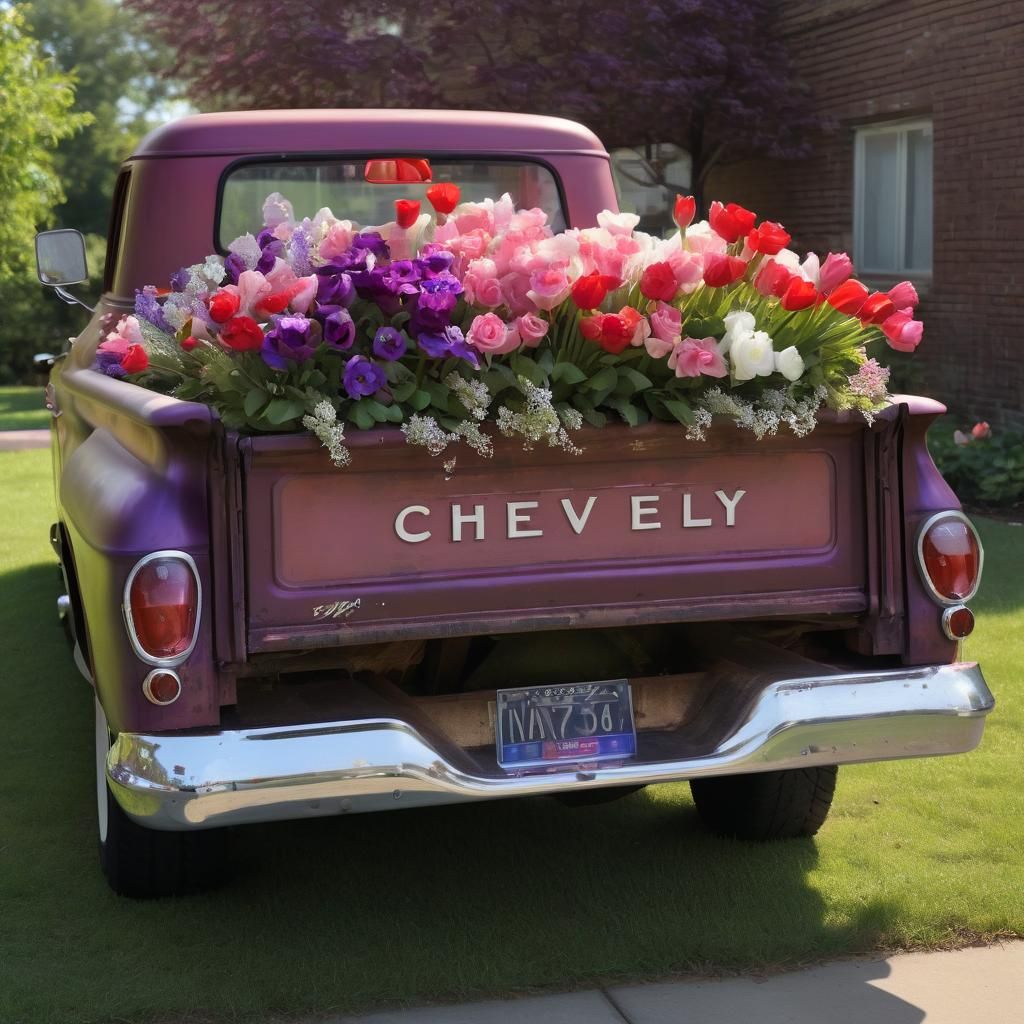 Vintage Chevy Truck Bed Overflowing with Colorful Flowers
