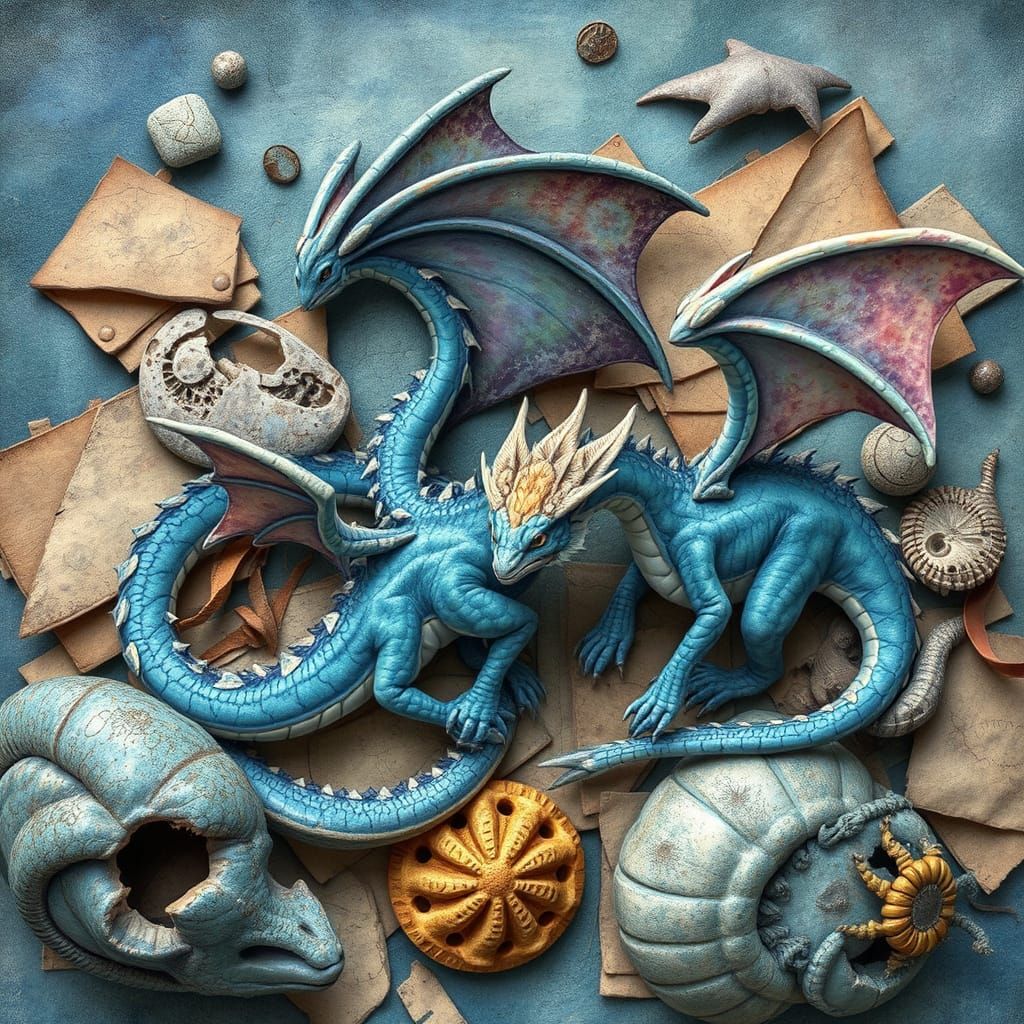 Dragons Among Fossils in Dreamy Watercolor Style