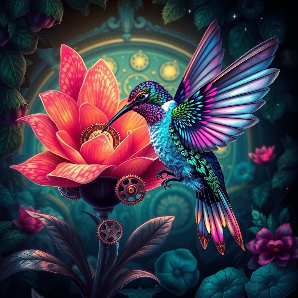 Bioluminescent Hummingbird in Steampunk Temple
