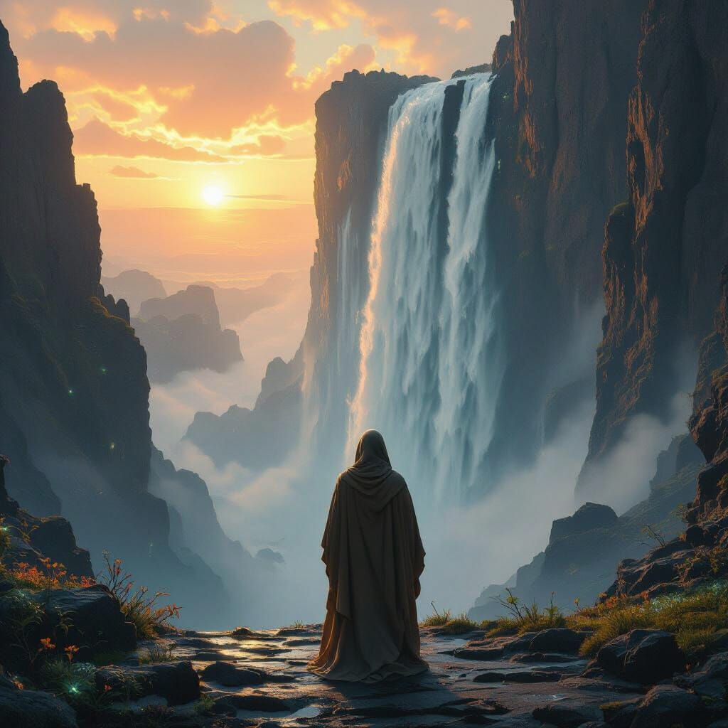 Otherworldly Waterfall Scene with Lone Figure