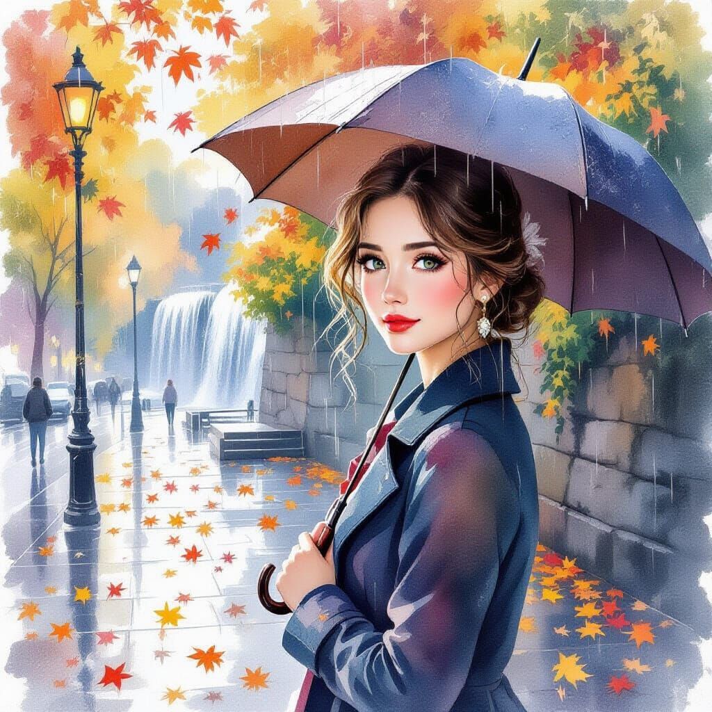 Sweet Woman in Autumn Rain with Watercolor Eyes