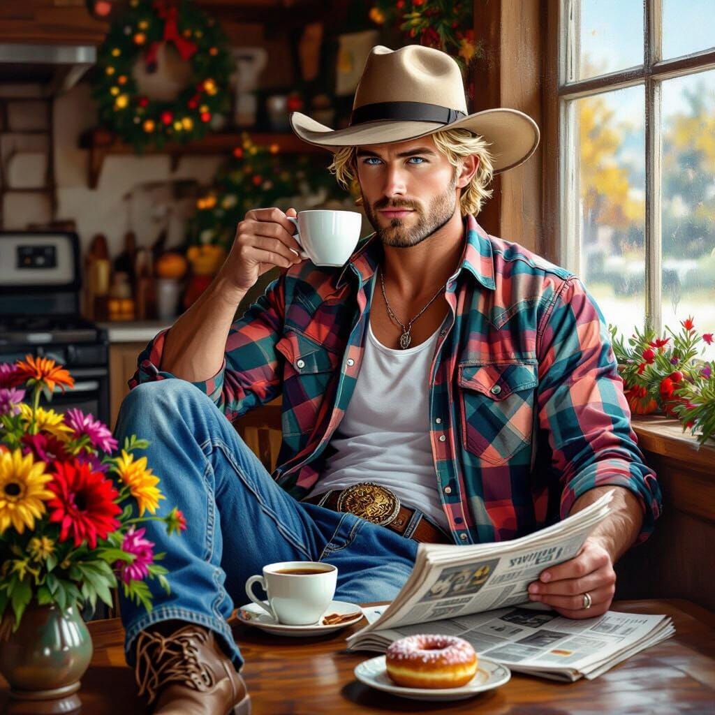 Handsome Man in Country Kitchen, Fall Christmas Scene
