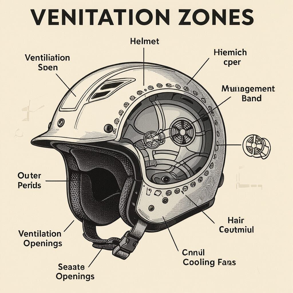 Helmet Design Diagram with Ventilation and Cooling Features