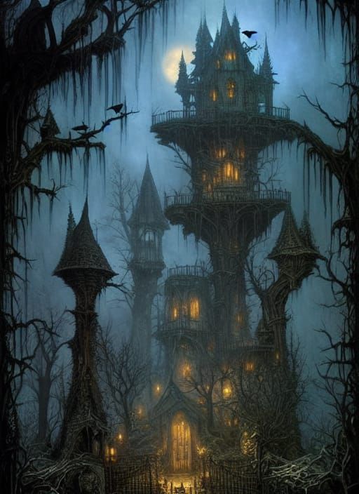 dark fantasy creepy dark fairy treehouse village glowy spooky forest houses
