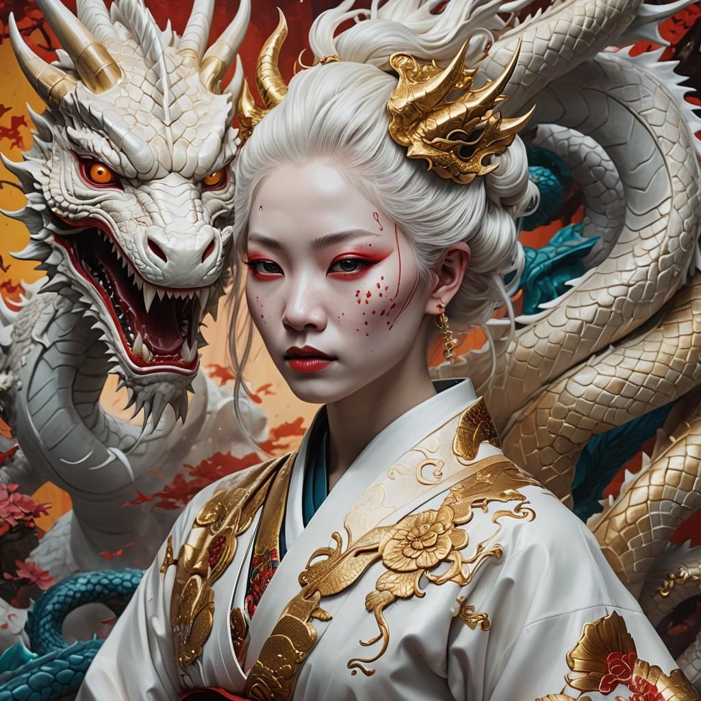 Albino Geisha and Dragon: Hyperrealistic Splash Art