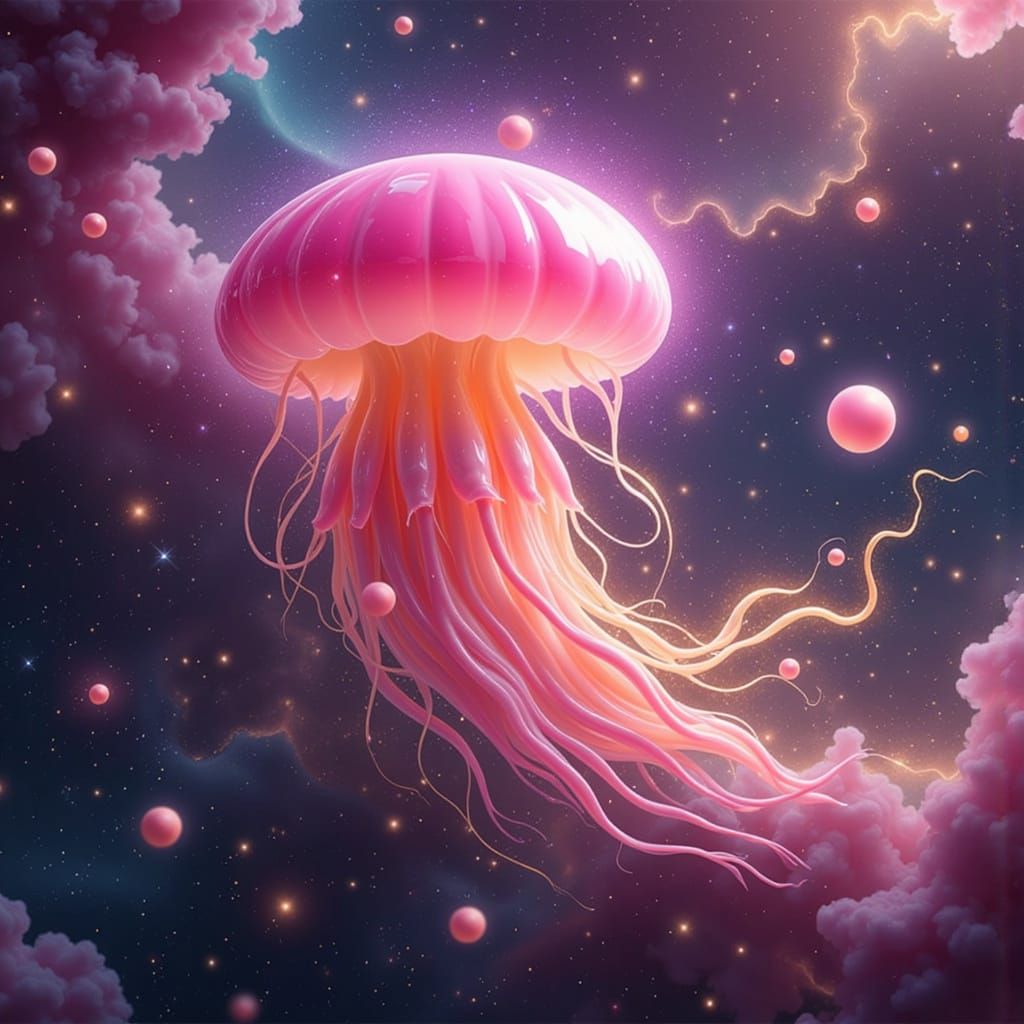 Bioluminescent Pink Jellyfish in Cosmic Nebula