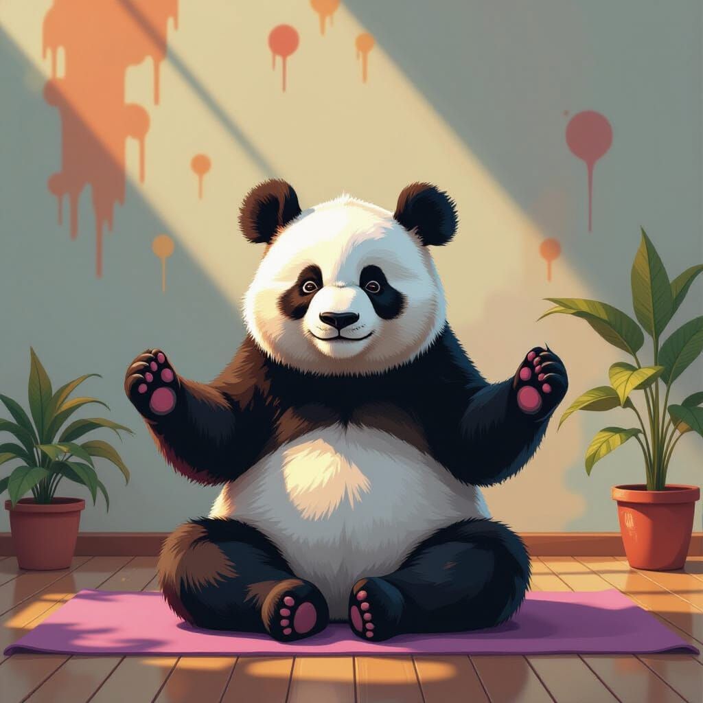 Panda Yoga in Sunlit Zen Studio with Graffiti Art