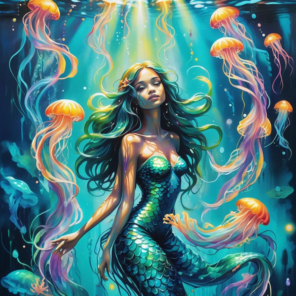 Mystical Mermaid in Turquoise Water as Graffiti Art