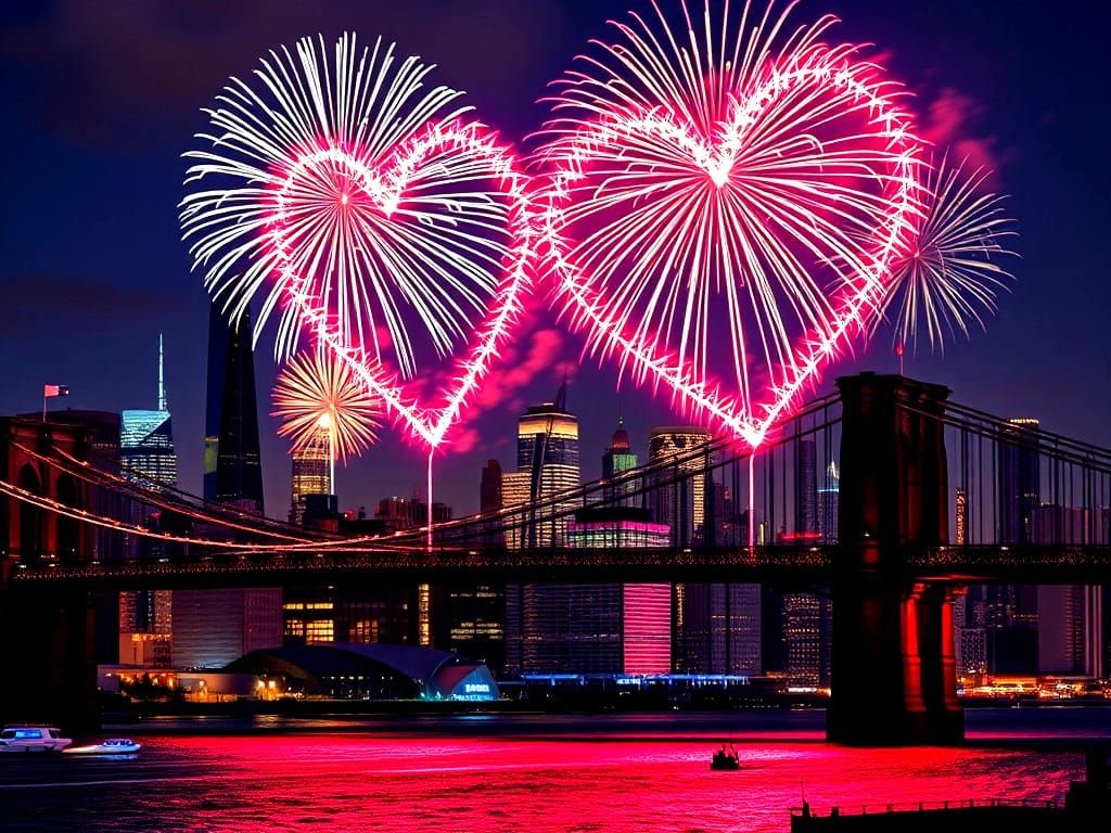 Fireworks over Brooklyn Bridge in Pointillism Style