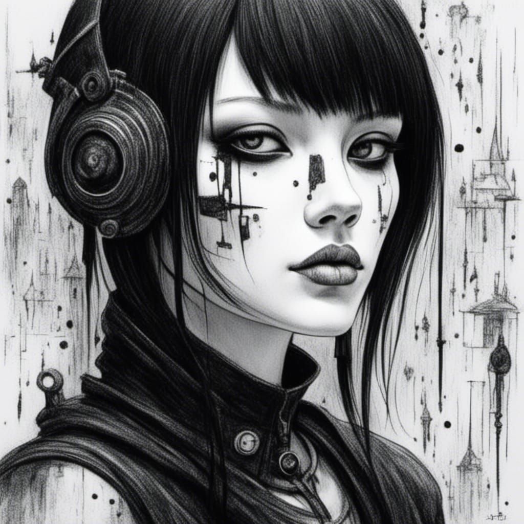 Cyberpunk Girl in Ink and Charcoal Style
