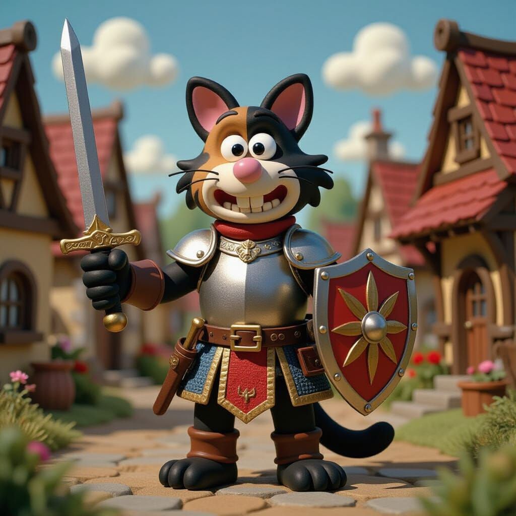 Claymation Calico Cat Paladin in Medieval Village