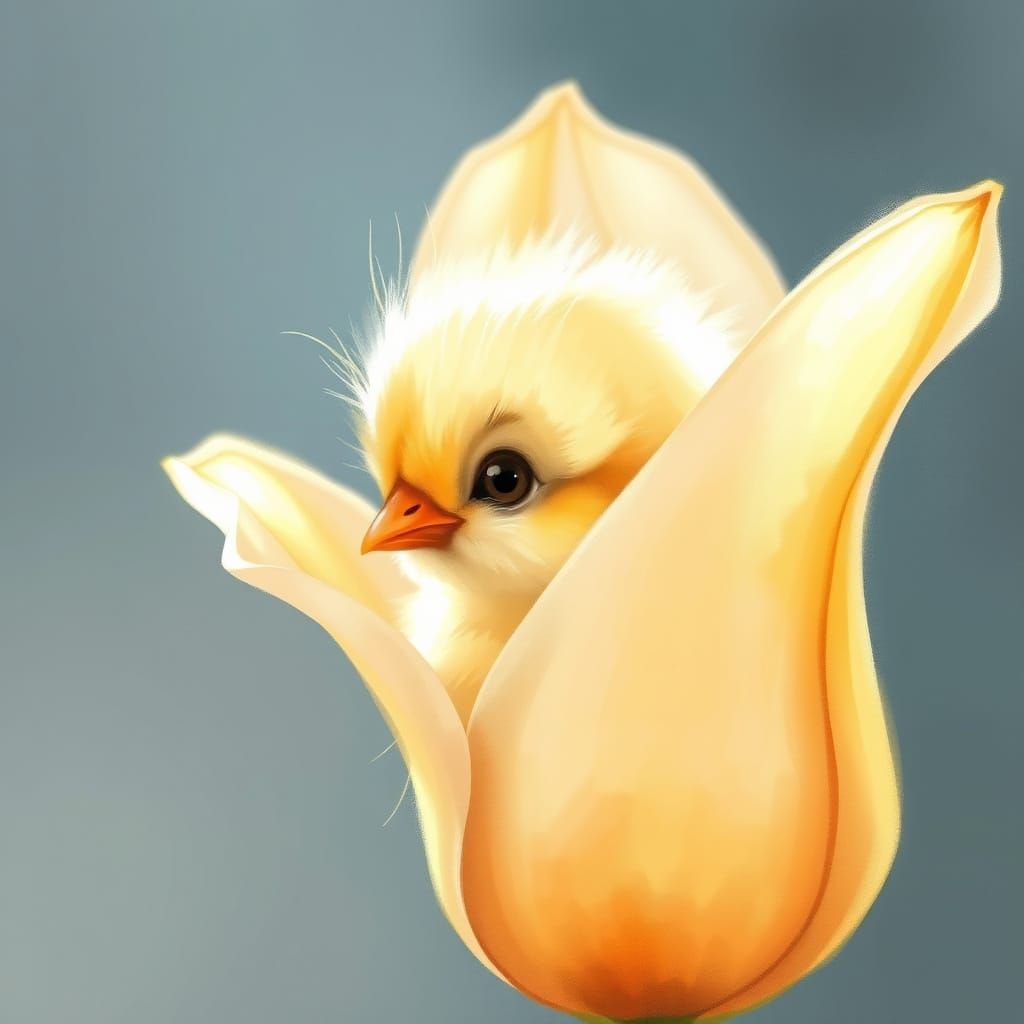 Whimsical Chick Peeking from a Flower Petal in Watercolor St...