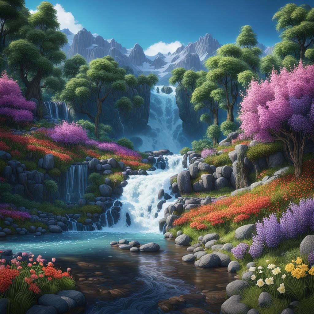 Lush Mountain Waterfall Fantasy Concept Art