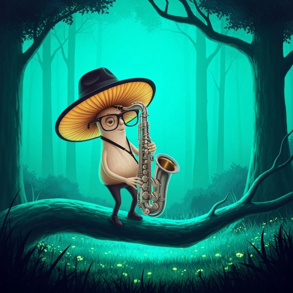 Synthwave Mushroom Saxophonist in Neon Forest