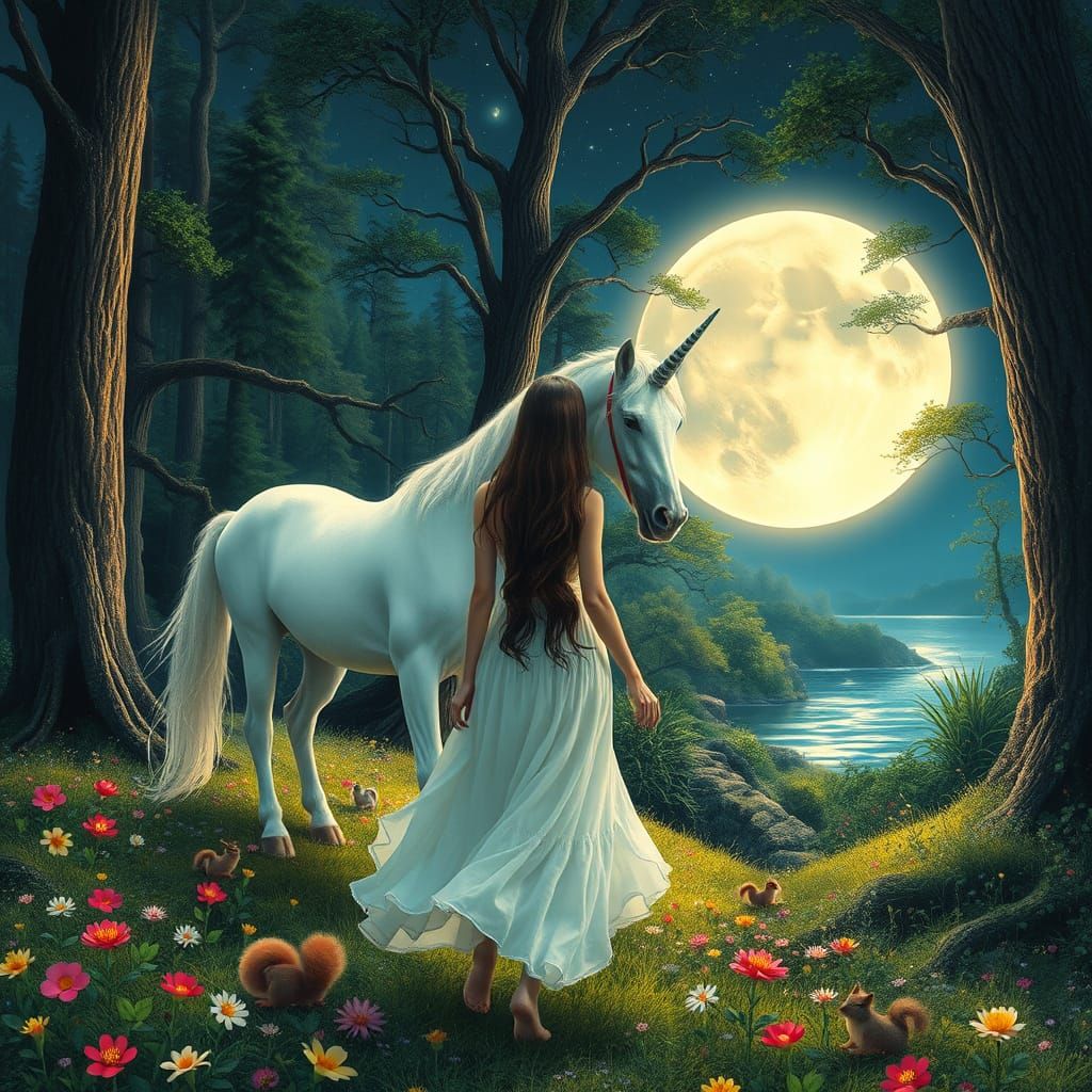 Woman and Unicorn in Moonlit Forest, Surreal Fantasy Art
