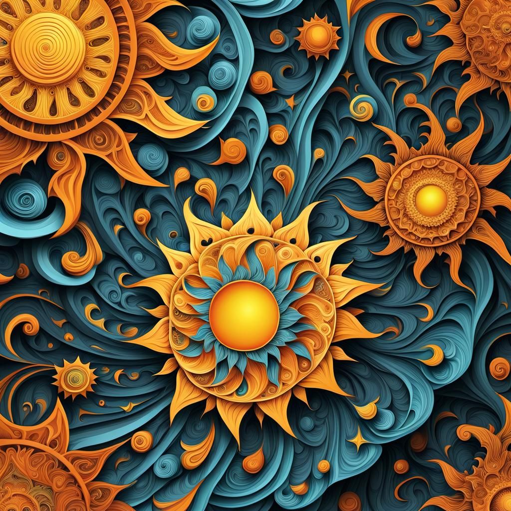 Abstract 3D Sun Fractal with Zentangle Patterns