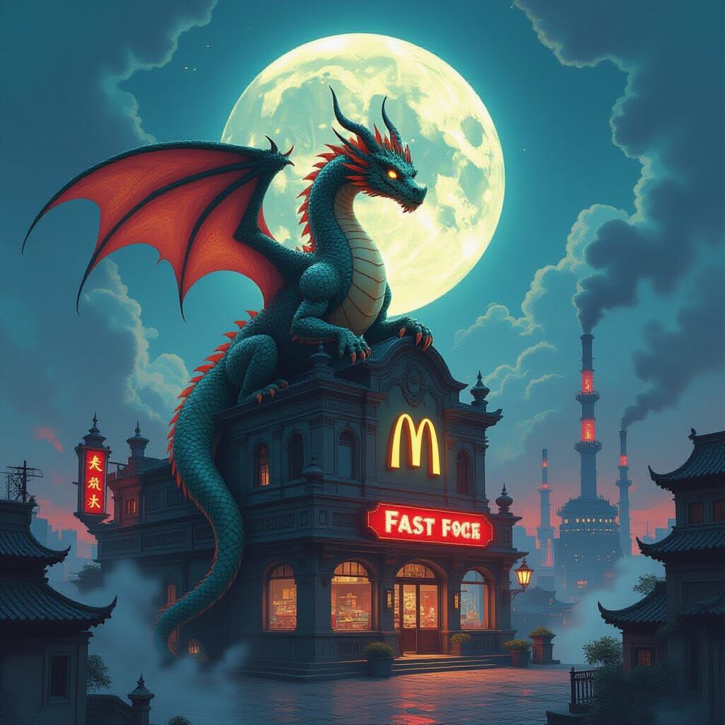 Dragon Over Gothic Fast Food Restaurant in Chinese City
