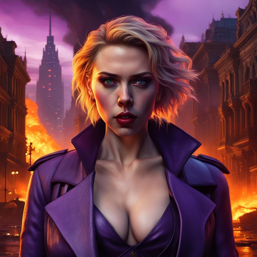 Demonic Scarlett Johansson in Burning City, Dark Fantasy Art