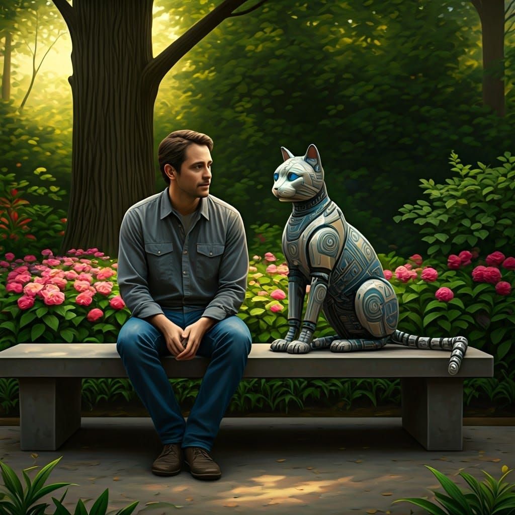 Man and Robotic Cat in Park, Futuristic Illustration