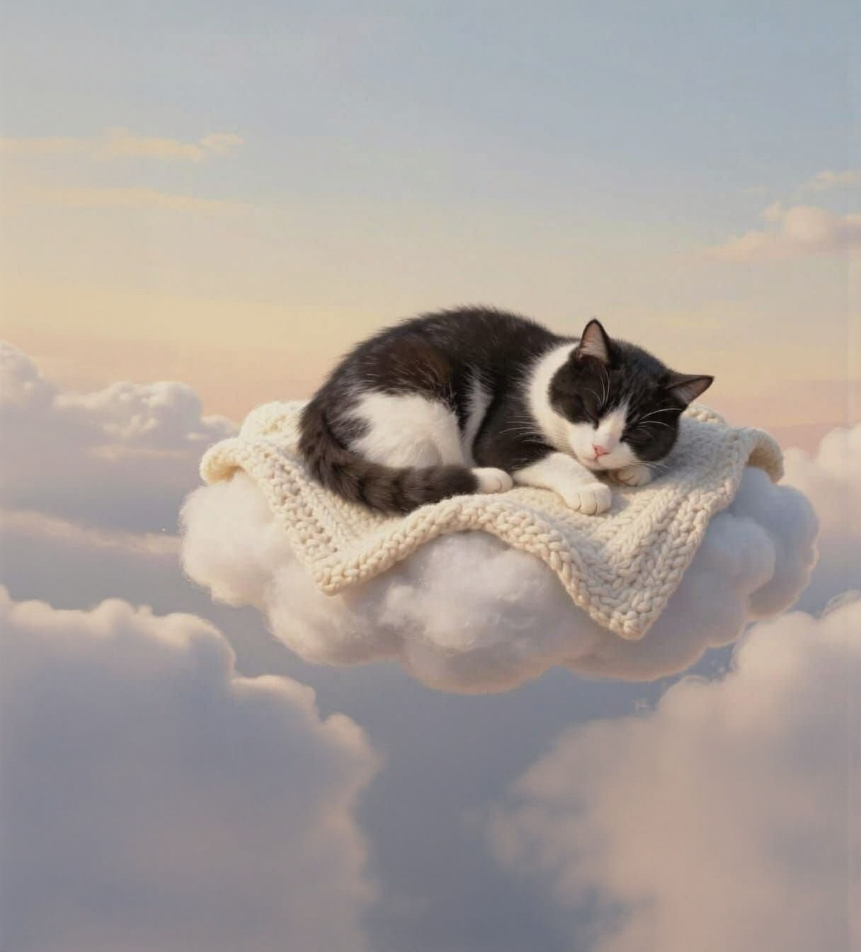 Giant Fluffy Cat Sleeps on Knitted Cloud in Surreal Sky