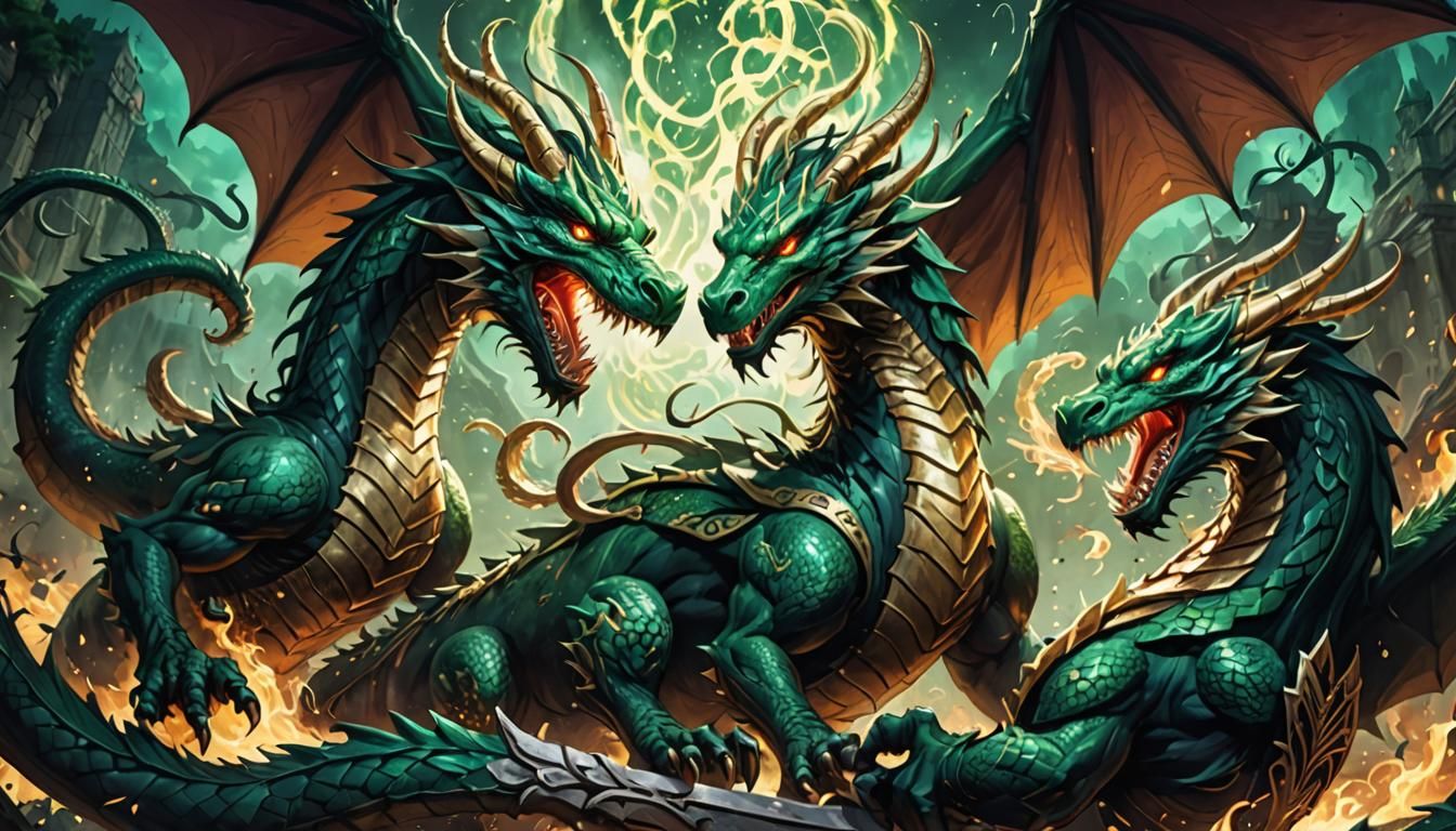Celtic Hydra Dragon Versus Knights in Anime Style