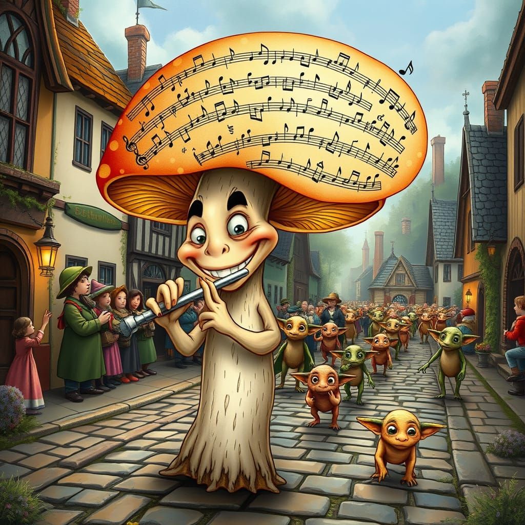 Pied Piper Mushroom Leads Gremlins from Storybook Village