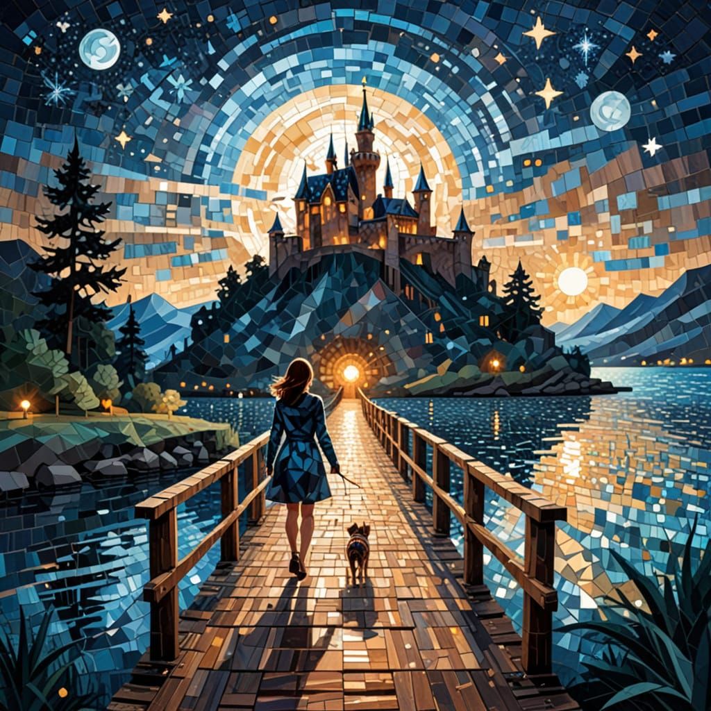 Woman and Dog on Bridge in Mosaic Style