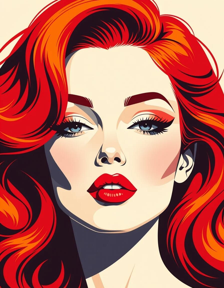 Stylized Portrait of Woman with Red Hair and Bold Makeup