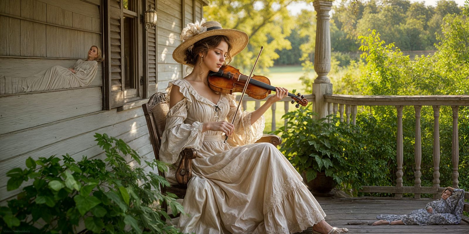 Victorian Lady Plays Violin on Sunny Porch