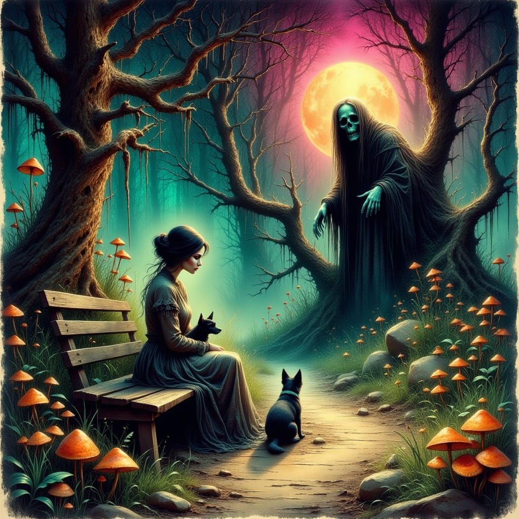 Ghostly Witch in Gritty Watercolor Forest