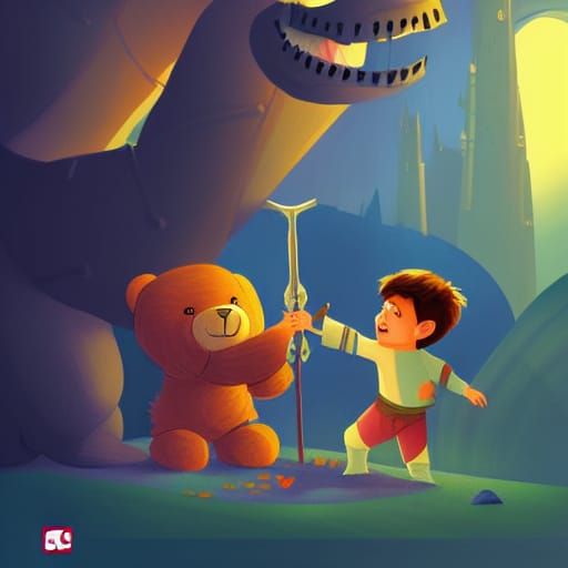 Boy's Teddy Bear Battles Monster: Fairytale Illustration