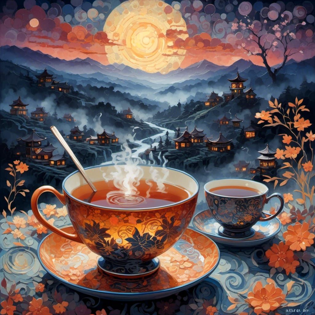 Glowing Teacup Under Moonlight with Celestial Steam