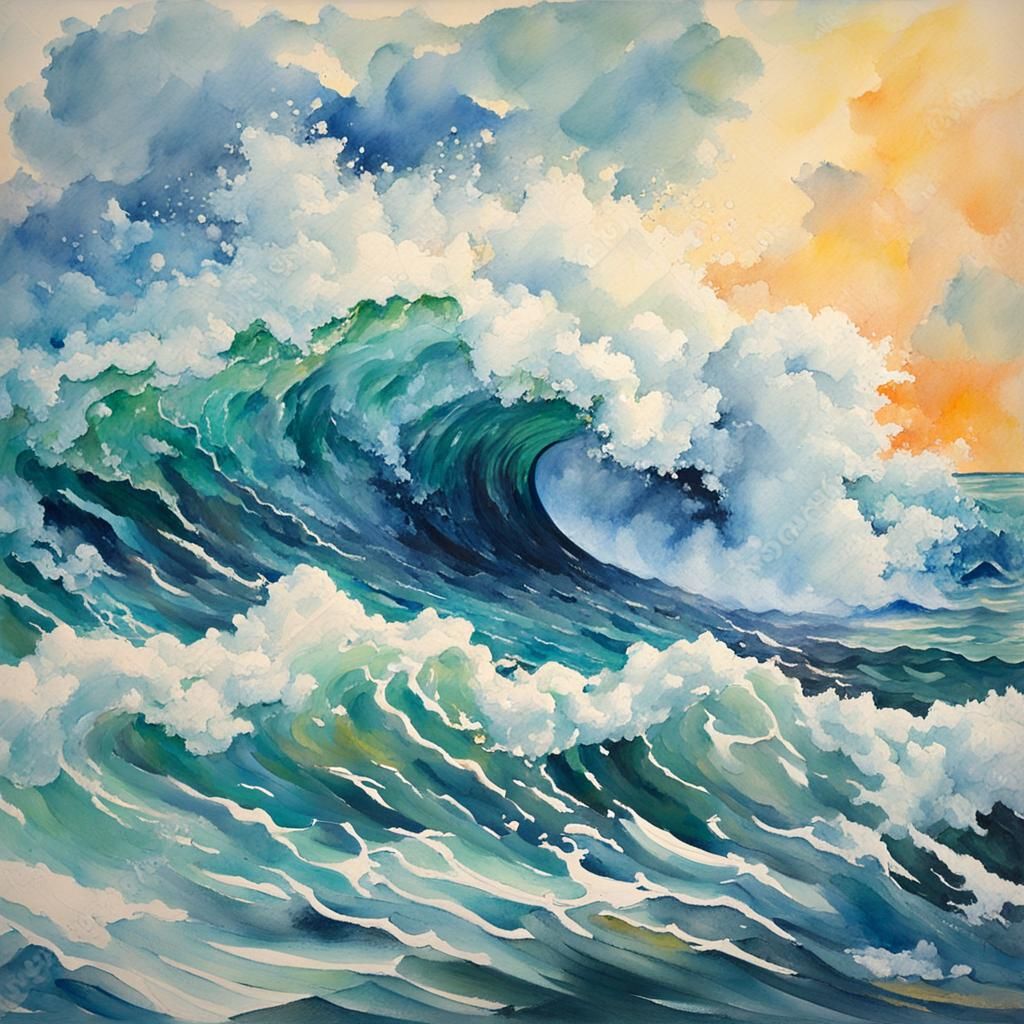 Breaking Waves in Gouache and Watercolor Style