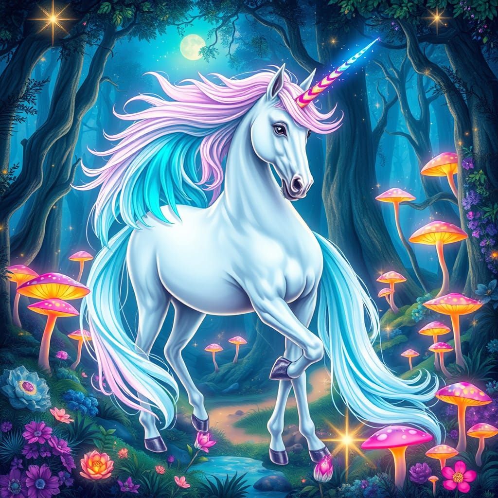 Majestic Cosmic Unicorn in Vibrant Holographic Illustration