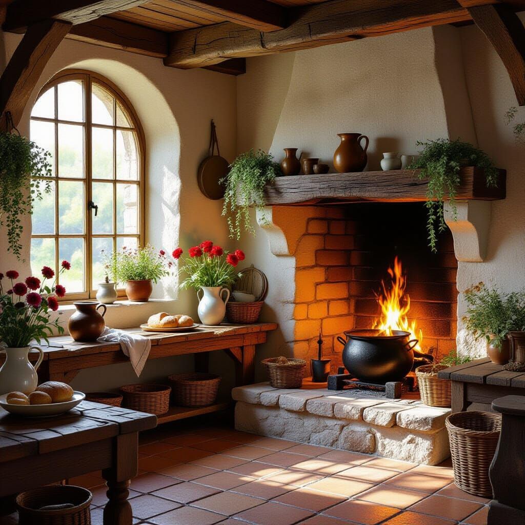 Sunlit Medieval Kitchen with Burning Hearth