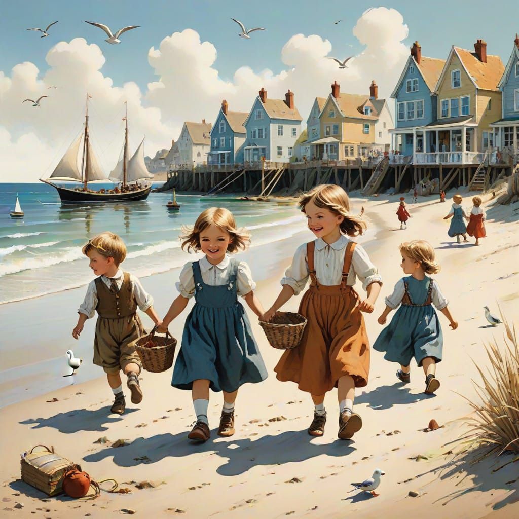 **"Nostalgie pur: Kinder spielen im malerischen Küstendorf**...