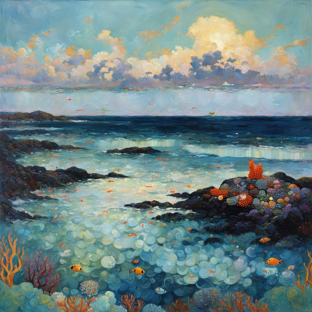 Aquatic Lifeforms in Art Nouveau Mixed Media