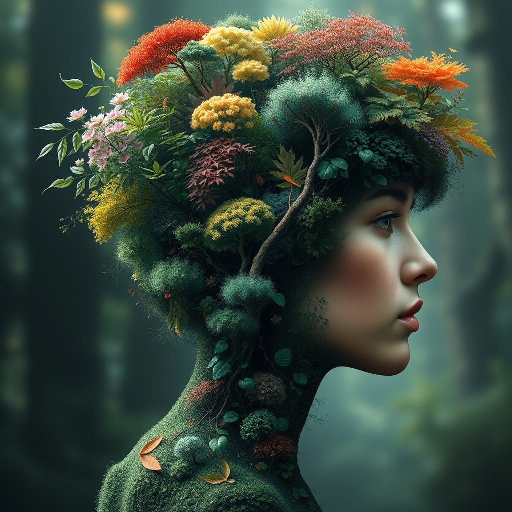 Surreal Portrait of a Person Enveloped in a Dreamy Forest