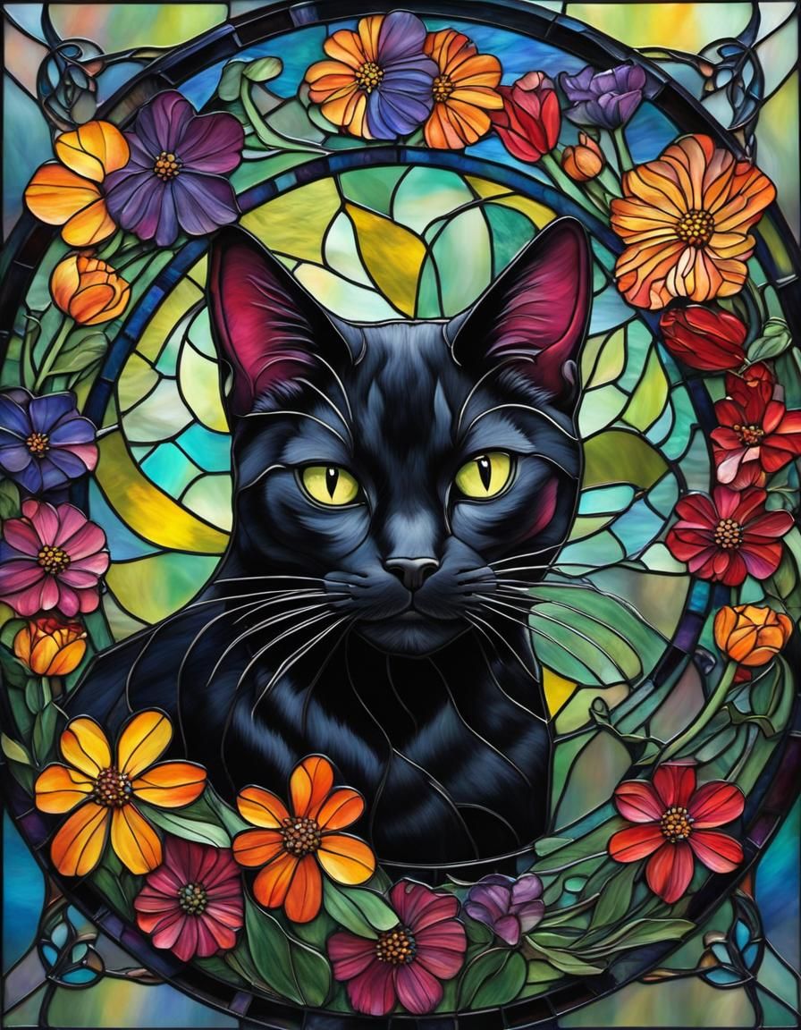 Stained Glass Black Cat in Art Nouveau Style
