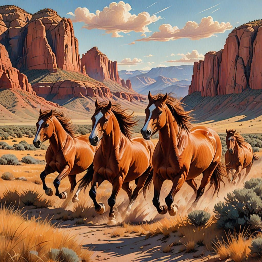Wild Horses Galloping at Sunrise: Colored Pencil Art