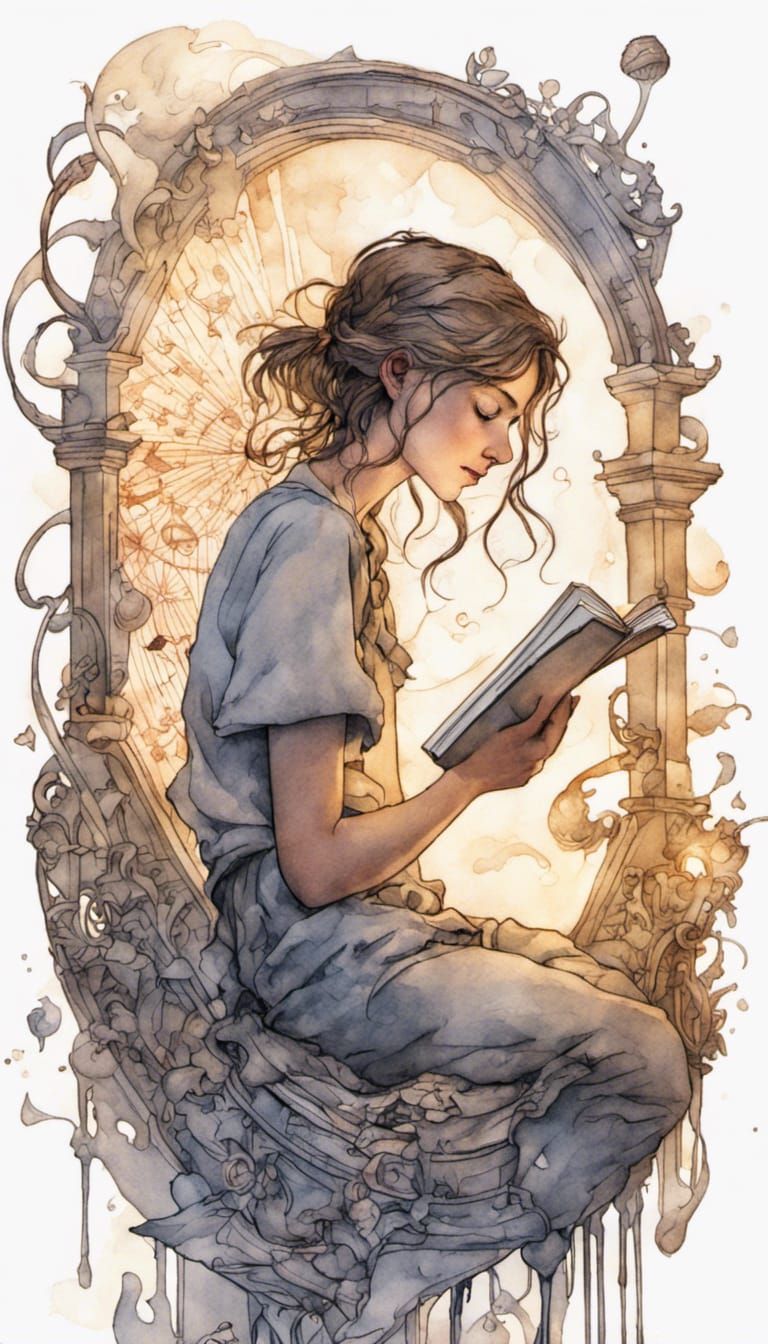 Teenager Reading with Flying Musical Notes